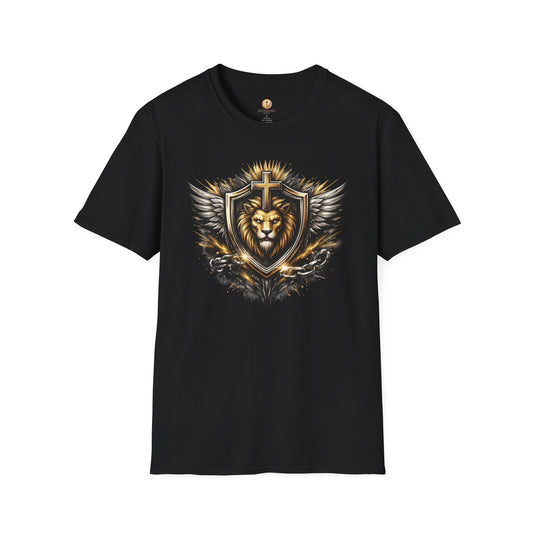 Lion Shield T-Shirt — Christian Cross & Wings Graphic Tee