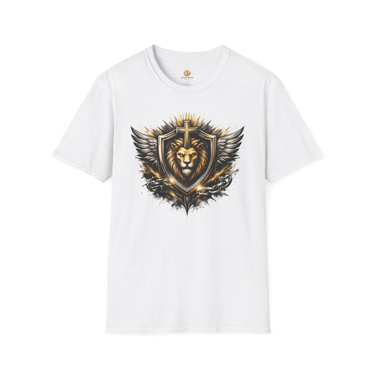 Lion Shield T-Shirt — Christian Cross & Wings Graphic Tee