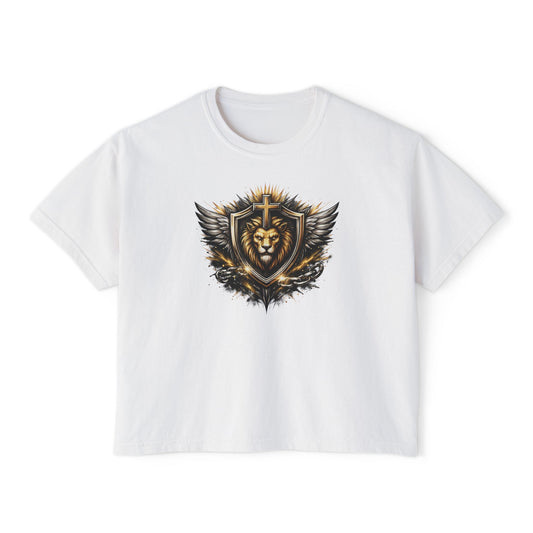 Lion Shield Graphic Tee — Women's Boxy T‑Shirt with Regal Crest