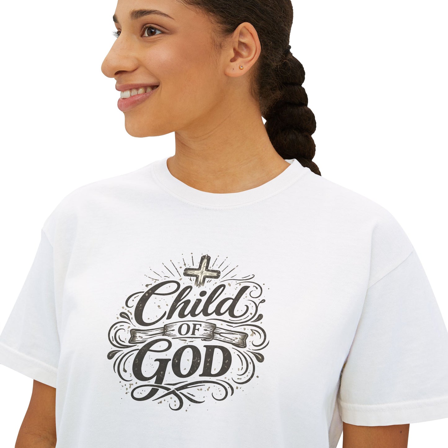 Child of God Women's Boxy Tee — Faith-Inspired Christian Crop Top