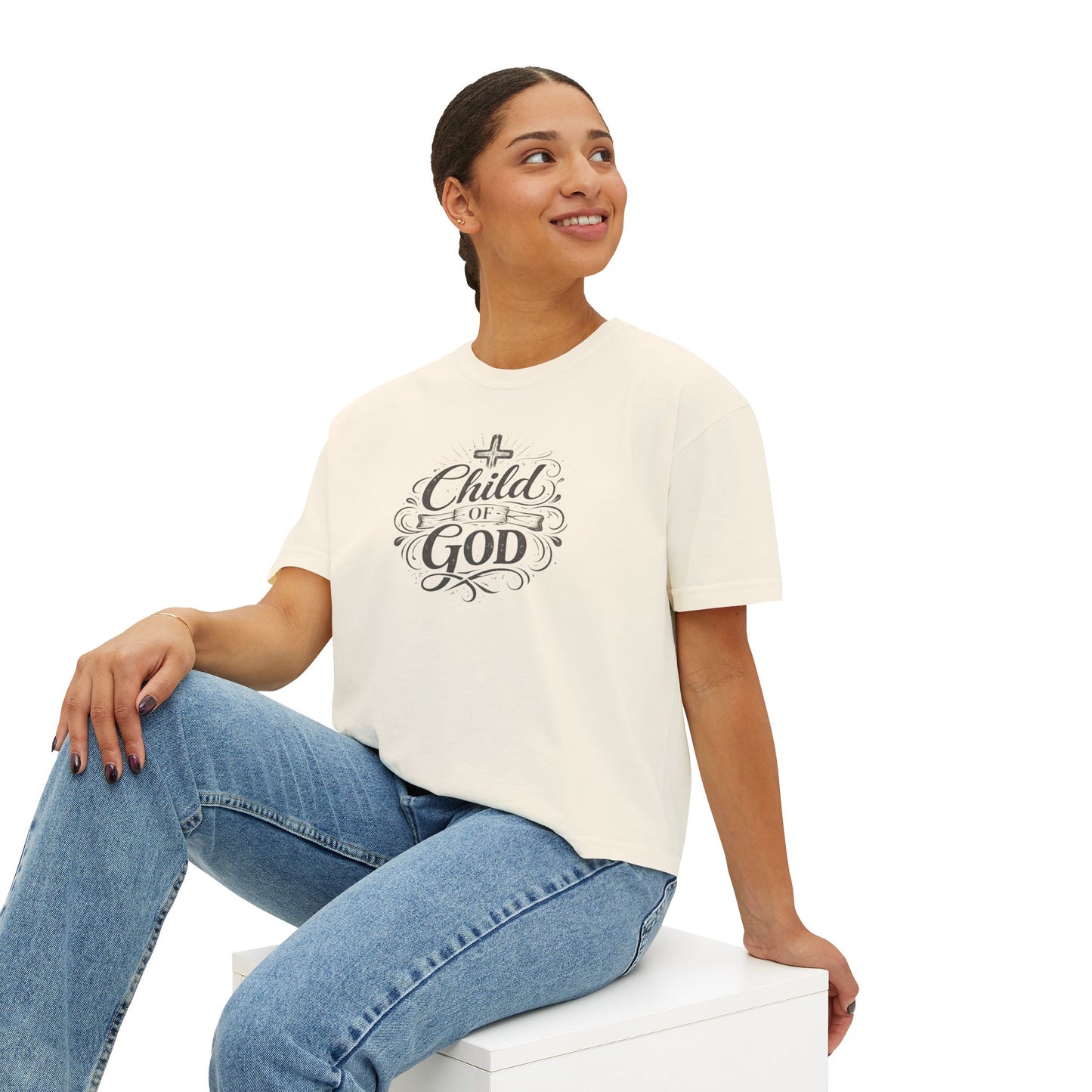Child of God Women's Boxy Tee — Faith-Inspired Christian Crop Top