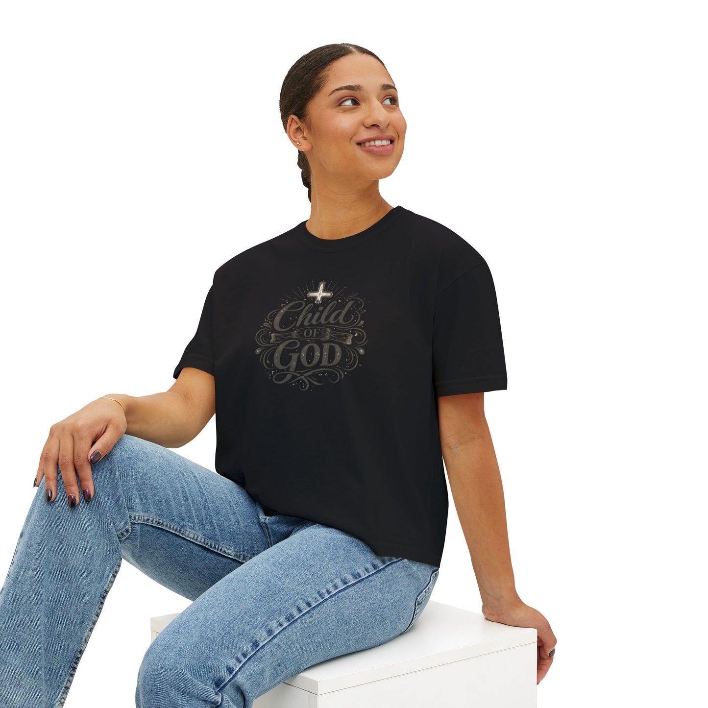 Child of God Women's Boxy Tee — Faith-Inspired Christian Crop Top