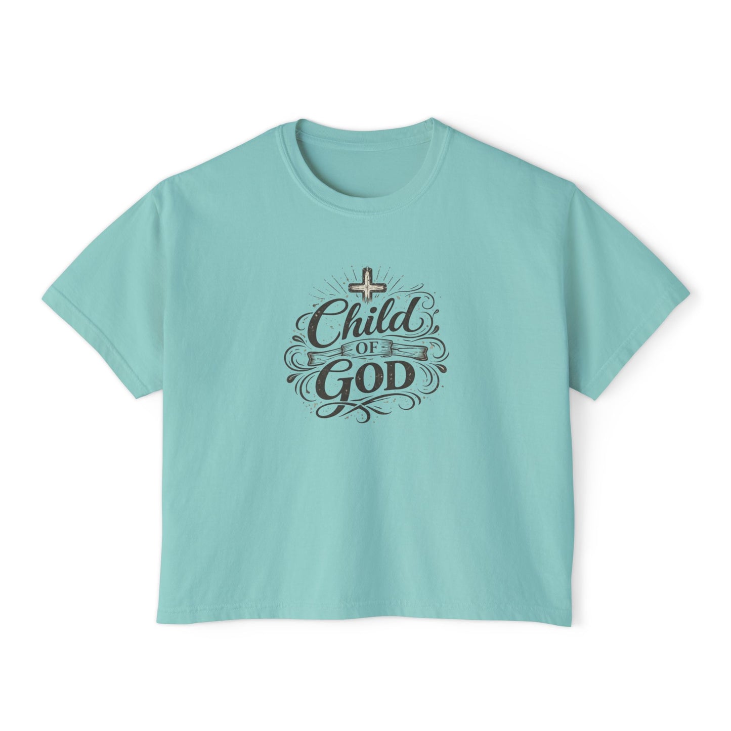 Child of God Women's Boxy Tee — Faith-Inspired Christian Crop Top