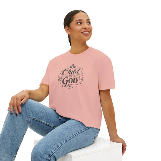 Child of God Women's Boxy Tee — Faith-Inspired Christian Crop Top