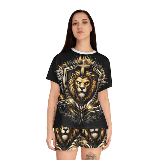 Lion Crest Pajama Set — Women’s Short Sleepwear with Cross & Wings