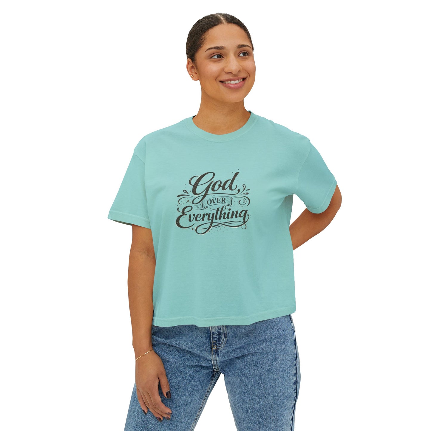 God Over Everything Women's Boxy Tee — Faith-Based Christian Graphic Shirt