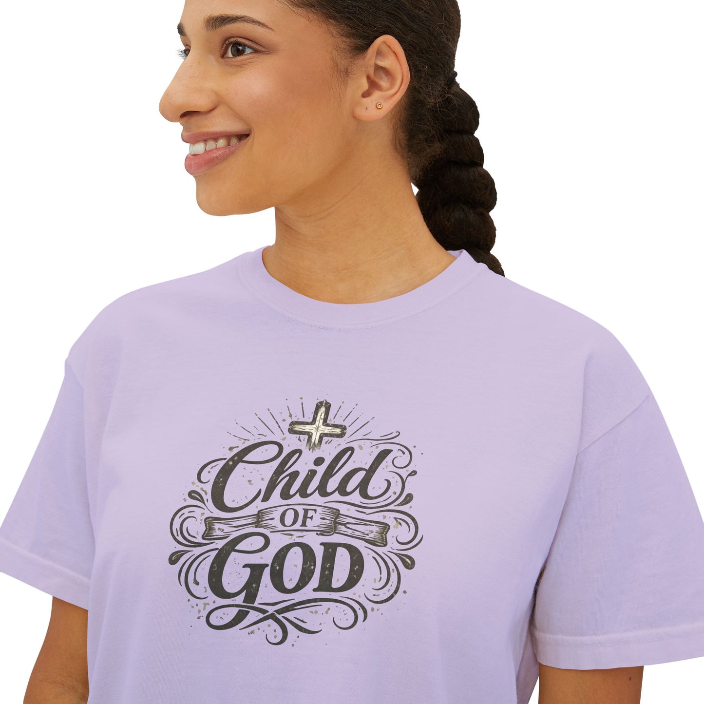 Child of God Women's Boxy Tee — Faith-Inspired Christian Crop Top
