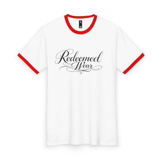 Redeemed Wear Ringer Tee — Script Logo Christian Graphic T-Shirt