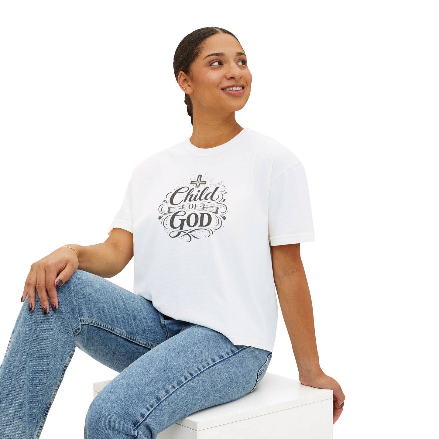 Child of God Women's Boxy Tee — Faith-Inspired Christian Crop Top