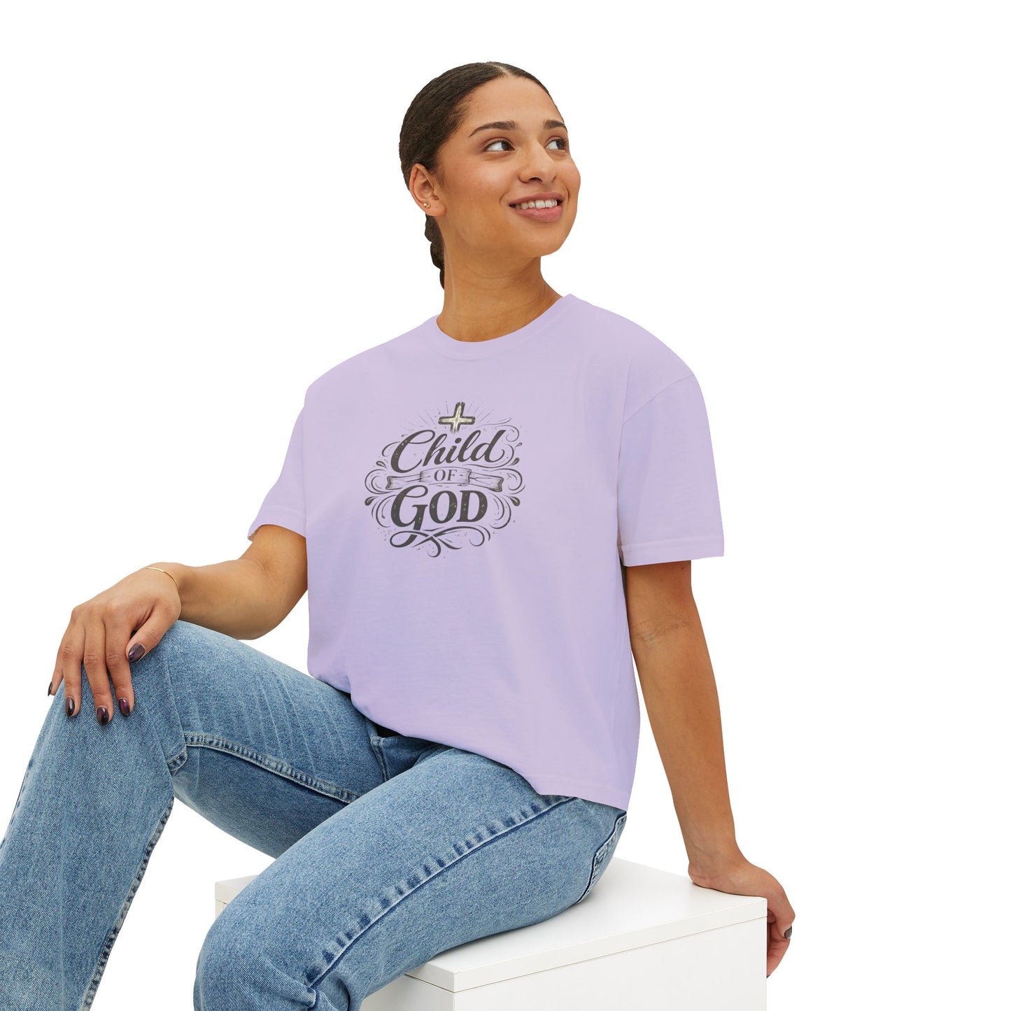 Child of God Women's Boxy Tee — Faith-Inspired Christian Crop Top