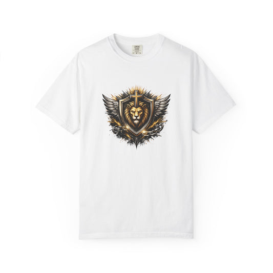 Lion Shield T-Shirt — Winged Crest Christian Lion Graphic Tee