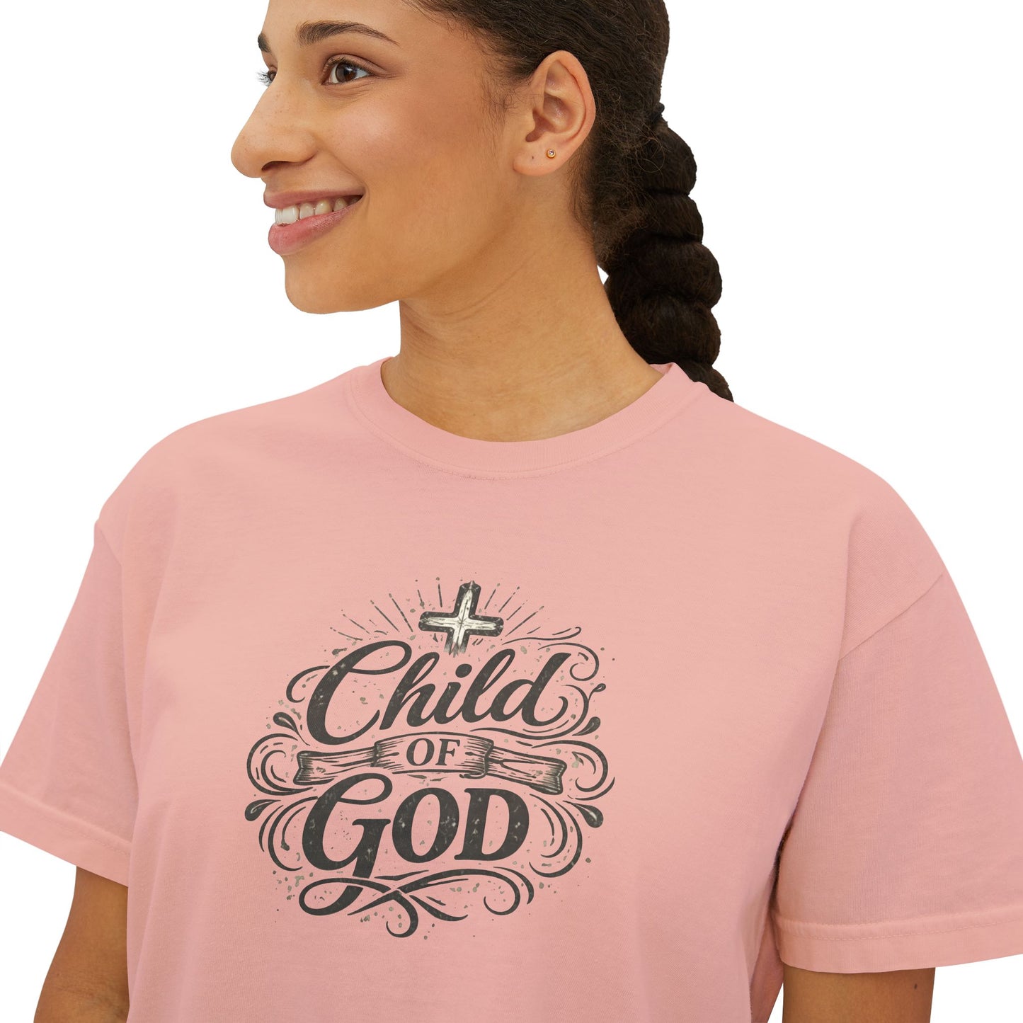Child of God Women's Boxy Tee — Faith-Inspired Christian Crop Top