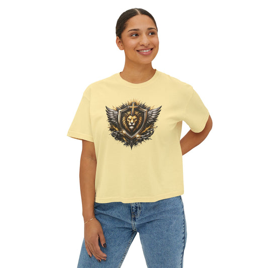 Lion Shield Graphic Tee — Women's Boxy T‑Shirt with Regal Crest