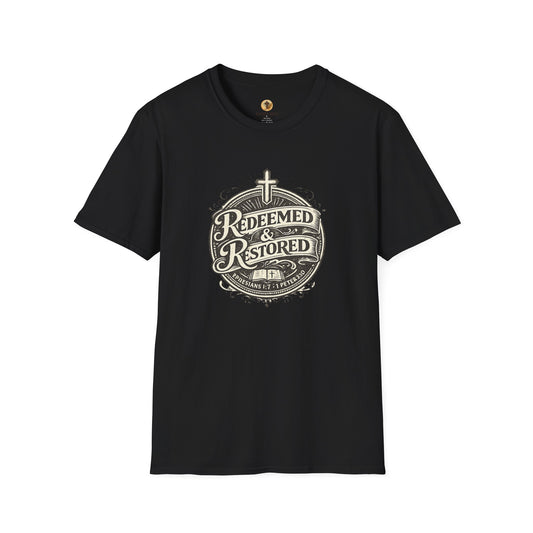 Redeemed & Restored Christian T‑Shirt — Faith Cross Vintage Graphic