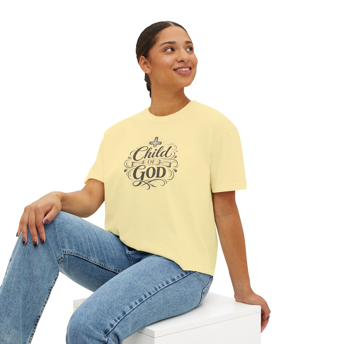 Child of God Women's Boxy Tee — Faith-Inspired Christian Crop Top