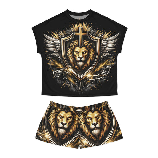 Lion Crest Pajama Set — Women’s Short Sleepwear with Cross & Wings