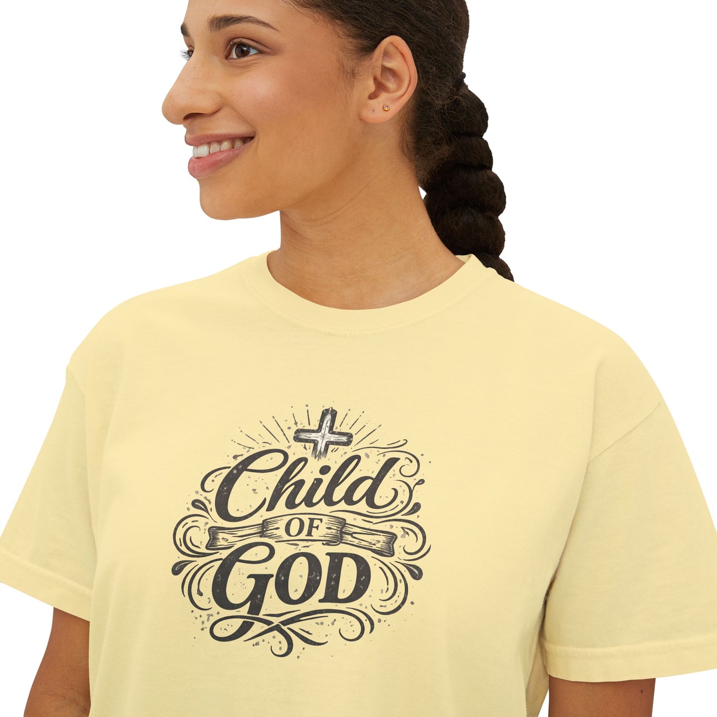 Child of God Women's Boxy Tee — Faith-Inspired Christian Crop Top