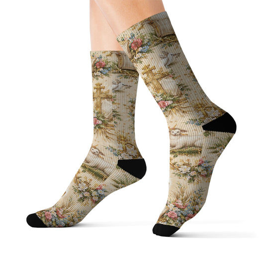 Vintage Floral Sublimation Socks — Romantic Rose & Chalice Pattern Crew Socks