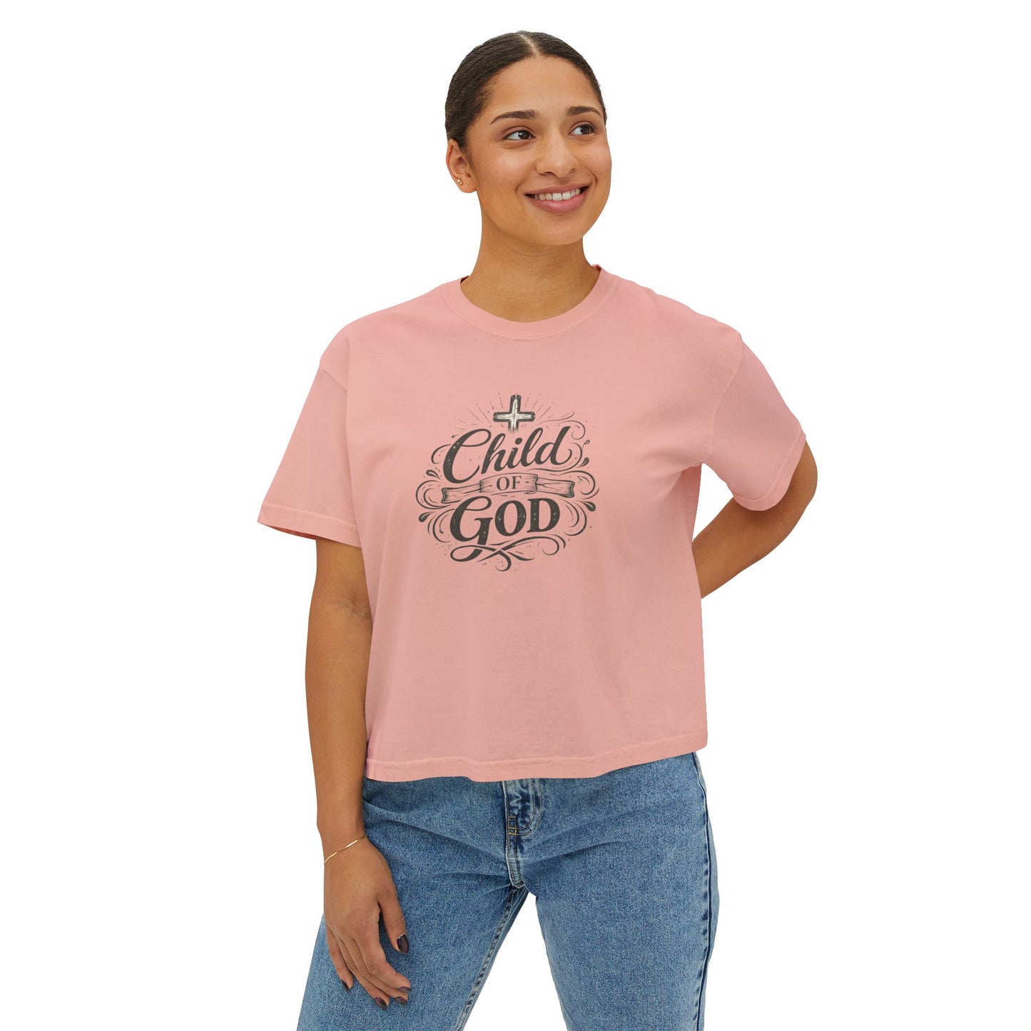 Child of God Women's Boxy Tee — Faith-Inspired Christian Crop Top