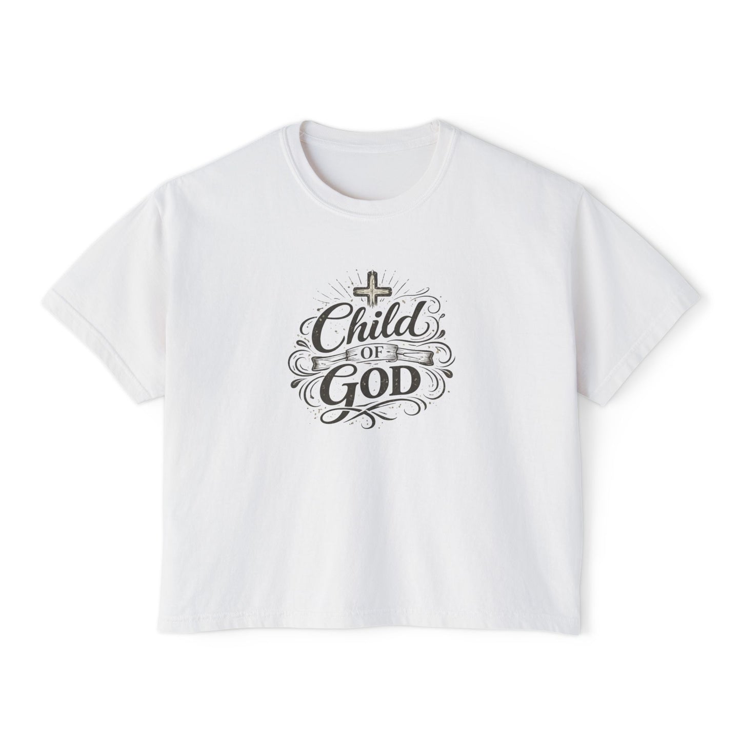 Child of God Women's Boxy Tee — Faith-Inspired Christian Crop Top