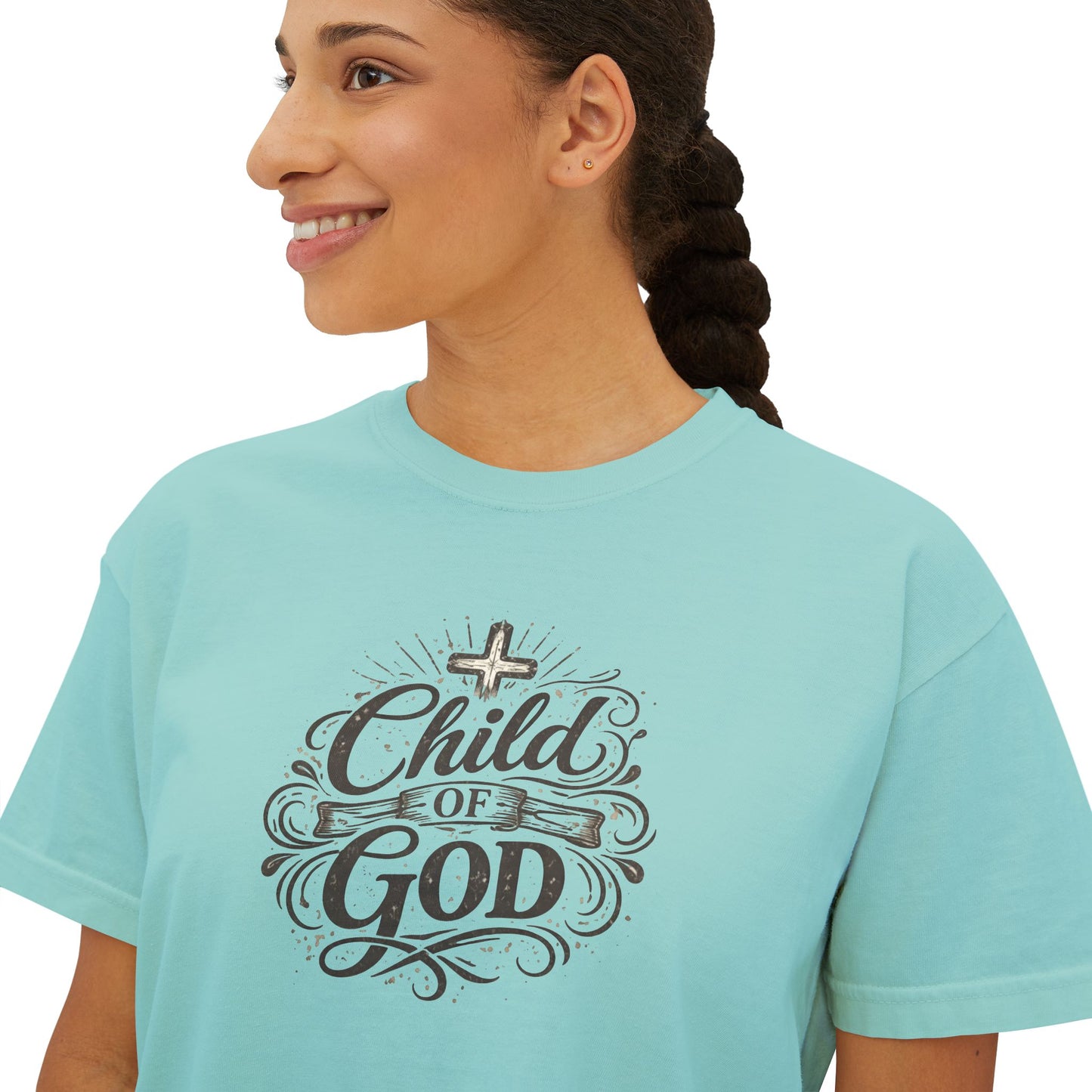 Child of God Women's Boxy Tee — Faith-Inspired Christian Crop Top