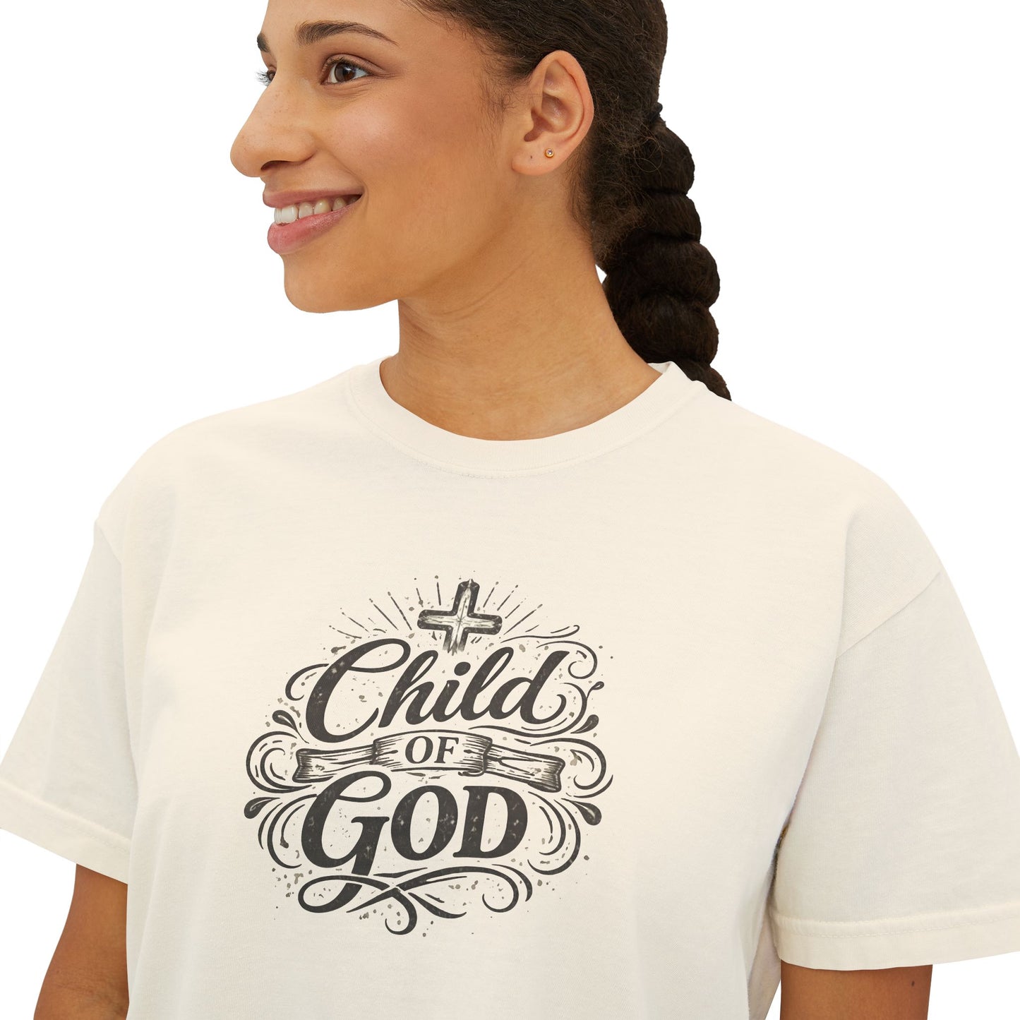 Child of God Women's Boxy Tee — Faith-Inspired Christian Crop Top