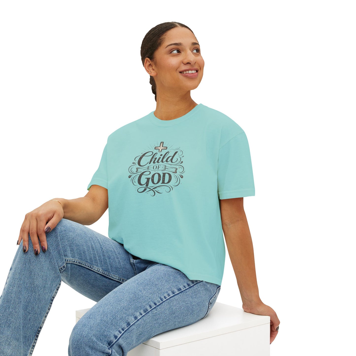 Child of God Women's Boxy Tee — Faith-Inspired Christian Crop Top