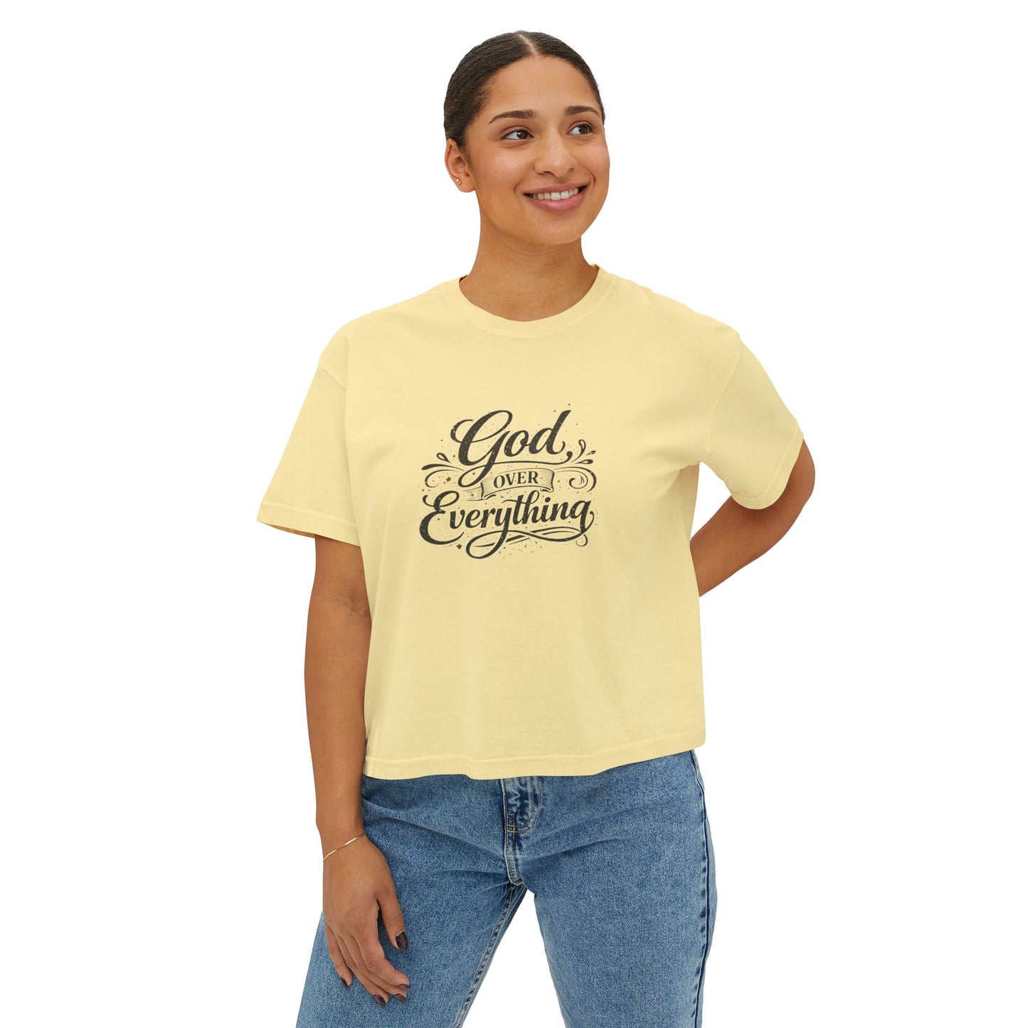 God Over Everything Women's Boxy Tee — Faith-Based Christian Graphic Shirt