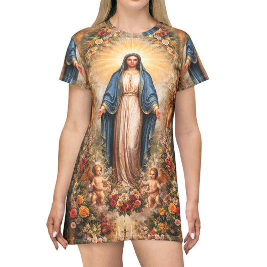 Mary Icon T-Shirt Dress - Blessed Virgin All-Over Print