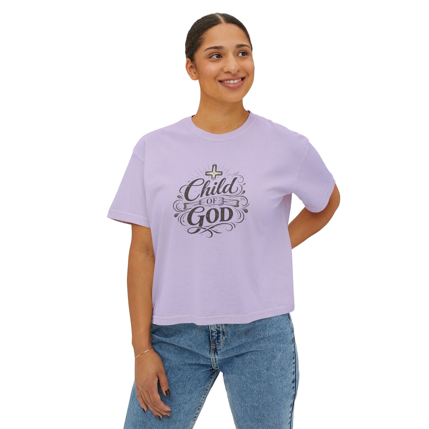 Child of God Women's Boxy Tee — Faith-Inspired Christian Crop Top