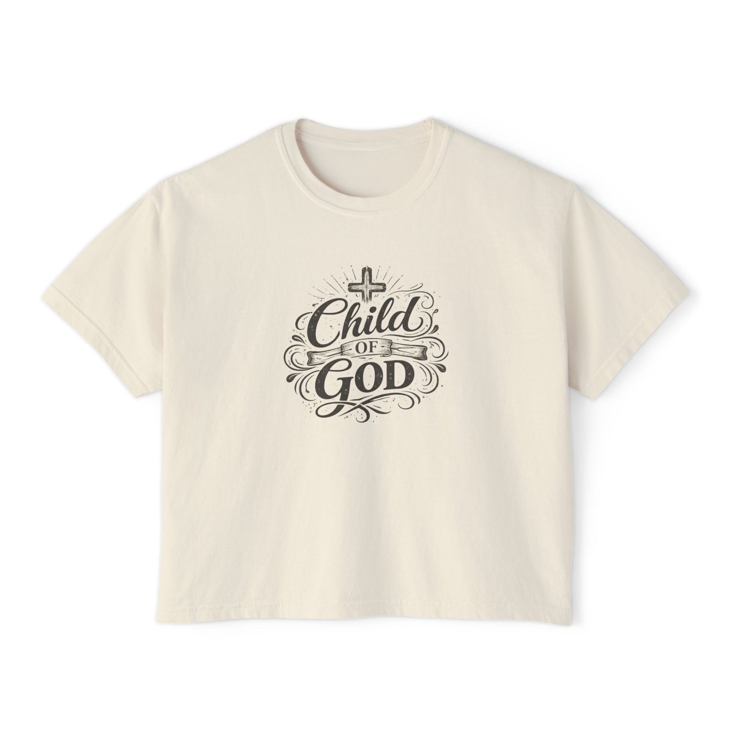Child of God Women's Boxy Tee — Faith-Inspired Christian Crop Top