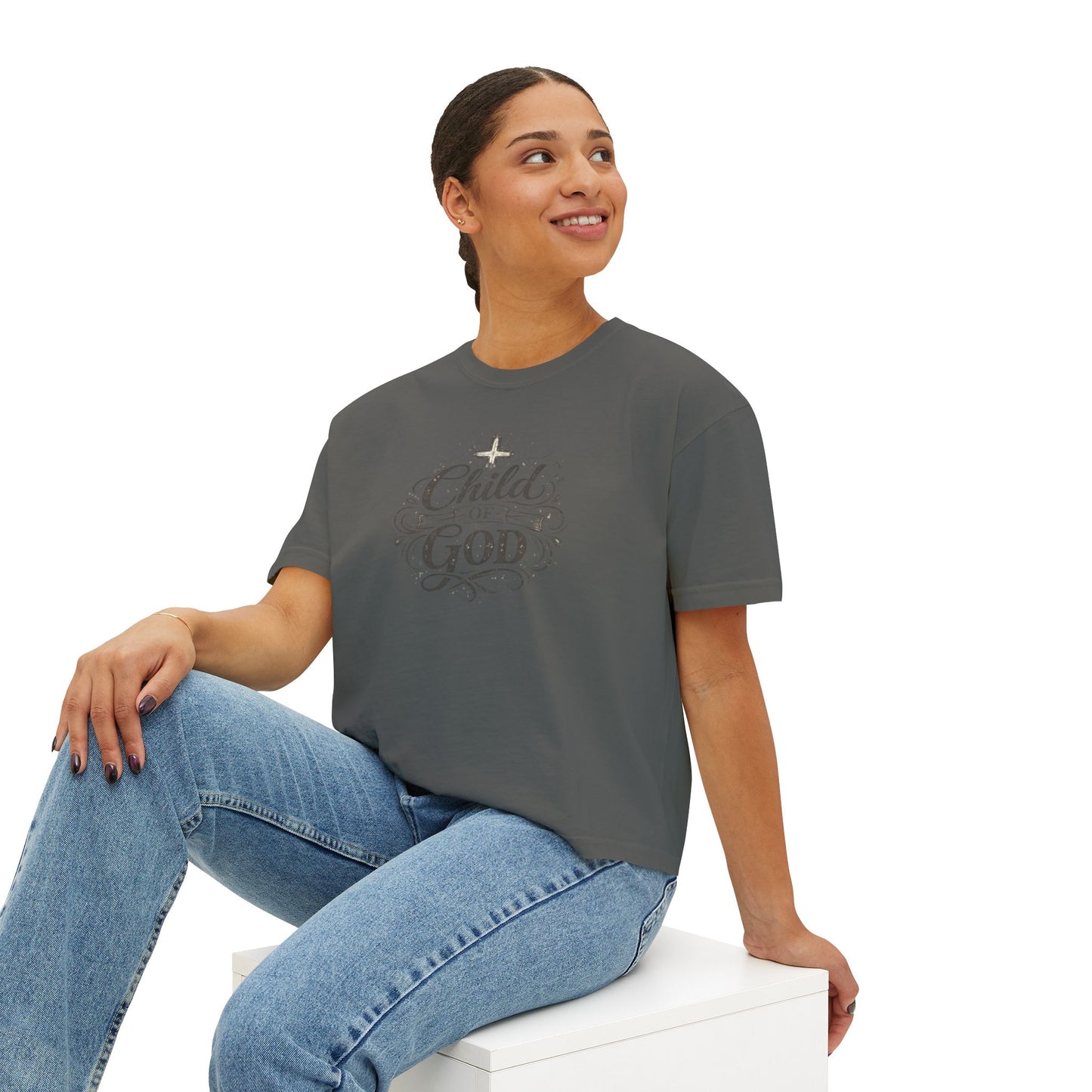 Child of God Women's Boxy Tee — Faith-Inspired Christian Crop Top