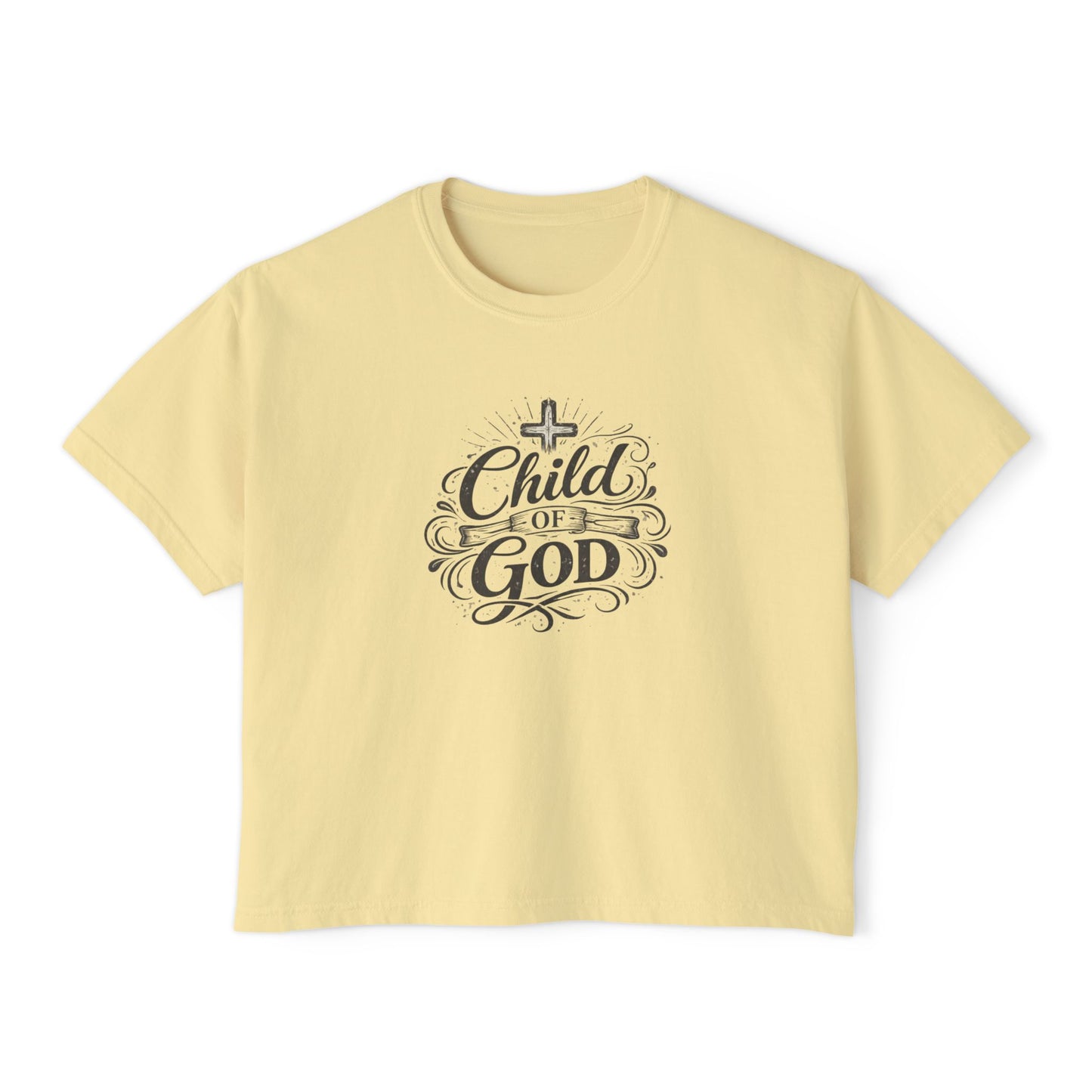 Child of God Women's Boxy Tee — Faith-Inspired Christian Crop Top