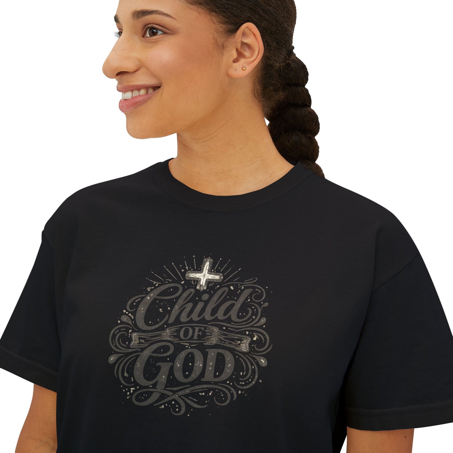 Child of God Women's Boxy Tee — Faith-Inspired Christian Crop Top